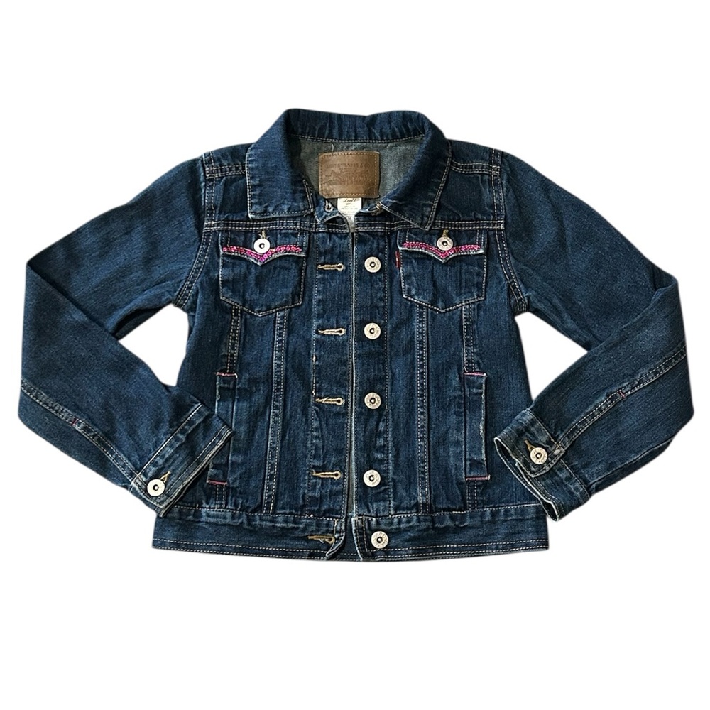 Girl’s Levi’s Jean Jacket with Pink Sequins Dark Wash Denim Size M 8/10